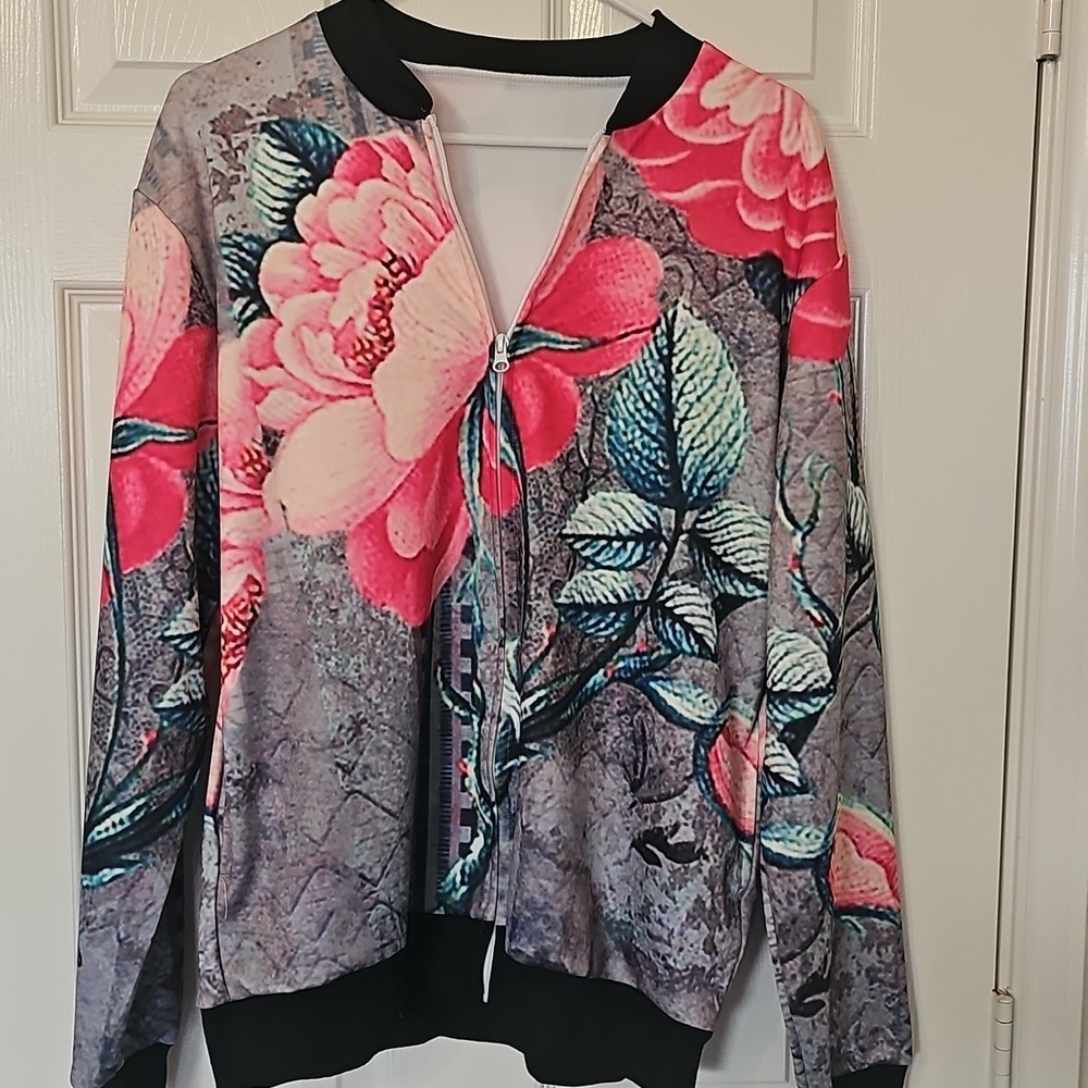 New Retro Y2K Lightweight Bomber Jacket Floral Full Zip Large